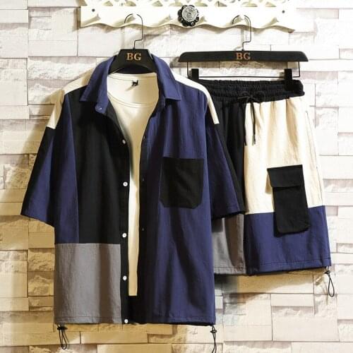 Short-sleeved Couples Summer Stitching Mens Sports Shirt Suit Hip-hop Street Loose Shorts 2 Piece Set Mens Sweatsuit Tracksuit