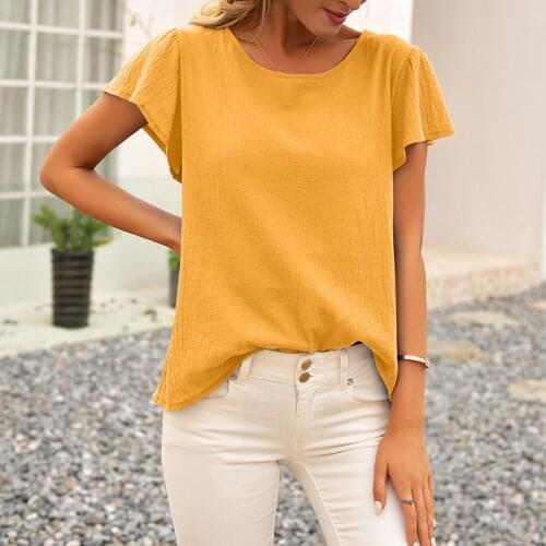 Summer Women Casual T Shirt Cotton Linen Solid Color O Neck Backless Flying Sleeve Plus Size Loose Sexy Bandage Ladies Tops