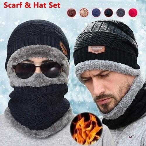 2PCS Ski Cap & Scarf Warm Leather Warm Winter Hats Men Women Knitted Hats Cap Warm Cap Skullies Beanies