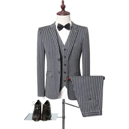Latest Coat Vest Pant Designs Brand Grey Striped Wedding Suits 2021 Fashion Men Slim Fit Formal Suit Male 3 Piece Formal Wear