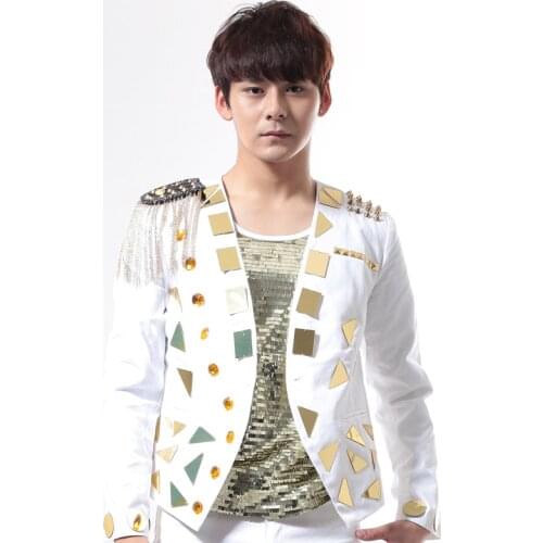 New Male punk style personality Golden Mirror Rivet performance costumes Nightclub bar Singer dancer stage show jacket