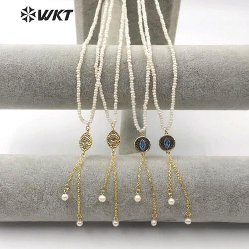 WT-MN955 Natural Freshwater Pearl Necklace With Cubic Zirconia Pave Evil Eye Pendant With Gold Electroplated Chain Necklace
