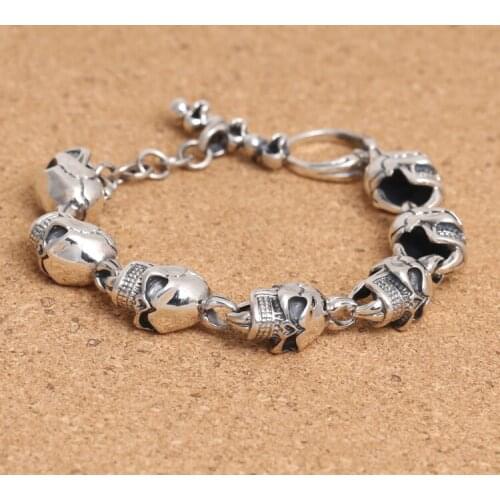 Handcrafted Thailand 925 Silver Skeleton Bracelet Vintage Sterling Silver Skull Head Bracelet Pure Silver Man Bracelet