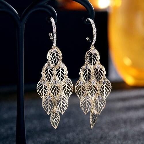 Fashion Earrings 2020 Drop Earring Gold hollowed Leaf Earrings 925 Sterling Silver female long Tassel Earrings Dangle rhinestone