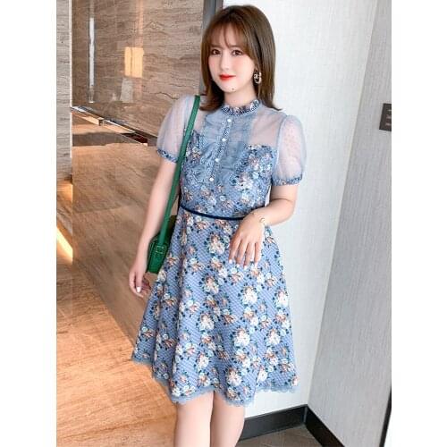 High quality Printed mesh stitched Ruffle Dress 2021 summer new