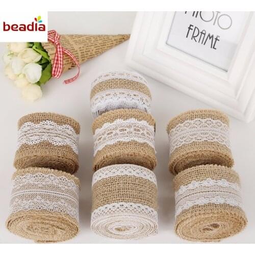 Width 5cm 2M/Roll Natural Jute Burlap Hessian Ribbon with Different White Lace For Rustic Wrap Gift Packing Wedding Decoration
