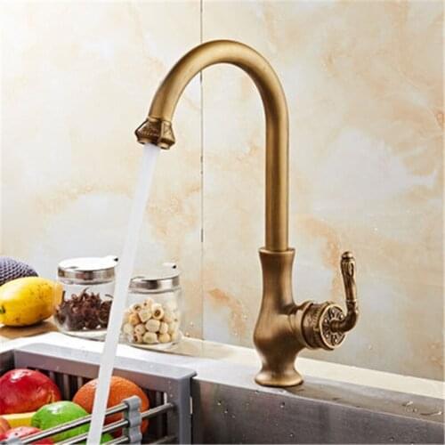 Kitchen Faucet Antique Brass Carved Kitchen Faucet Copper Swivel Kitchen Sink Mixer Tap Crane Faucet Hot Cold Cocina Torneira