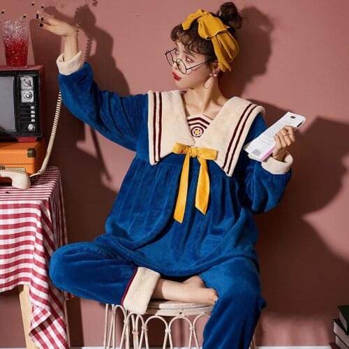SOUGEN Winter Thick Warm Flannel Cute Pajamas Sets For Women Sleepwear Long Sleeves Clothing Home Wear Soft Pyjamas Set Female