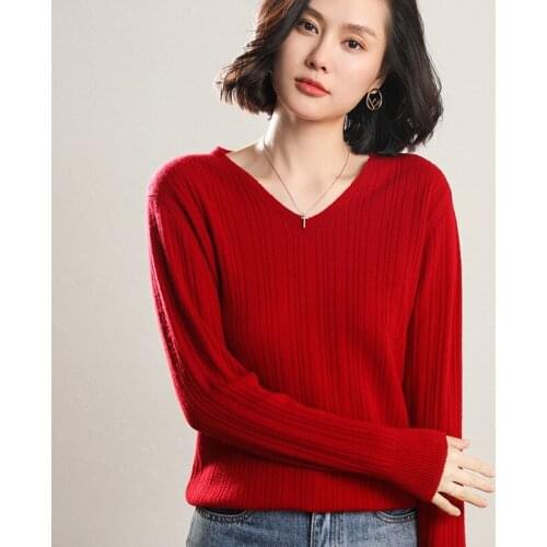 Wool sweater women spring and autumn new V-neck solid color loose pullover sweater simple and versatile knitted bottoming shirt