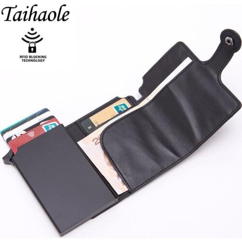 Taihaole Men RFID Button Credit Card Holder High Quality Metal Aluminum Auto Pop-up RFID ID Card Case Black Wallet Coin Purse