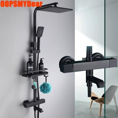 Thermostatic Shower Set Bathroom Wall Mount Hot Cold Mixer Shower System Square Head Round Rod Bath Faucet Modern Copper Faucets