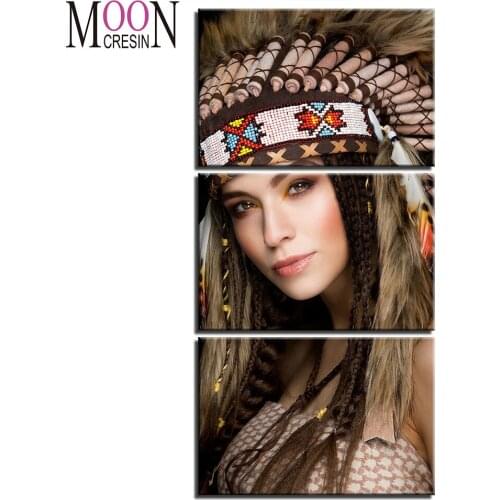 Triptych Diamond Embroidery Native,Tribe,Warrior,Beauty,Woman Diamond Painting Full square round Drill Cross Stitch 3 Piece Girl