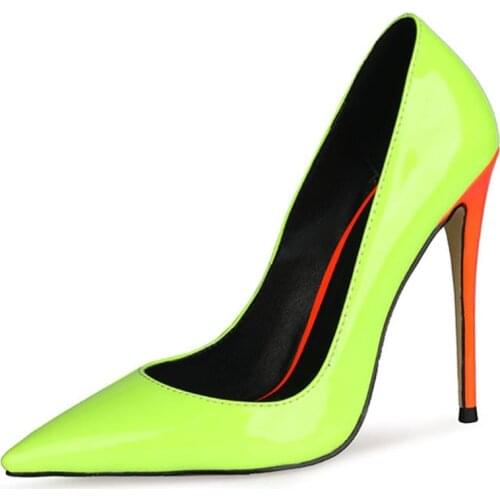 Bright Contrast Color Pumps Pointed Toe Mixed Colors Stiletto Heels Slip-On Neon Leather Patchwork High Heels Banquet Shoes