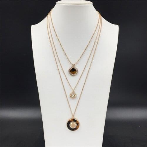 Bohemia Classic Gold Color Plating Elegant Marble Round Disc Pendant Layered Necklace For Women Gorgeous Party Decoration