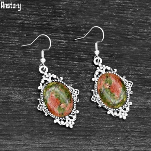 Vintage Flower Pendant Natural Unakite Quartz Women Earrings Antique Silver Plated Natural Stone Stainless Steel Hook Earring