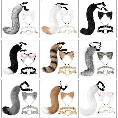 Faux Fur Kitten Wolf Long Tail Ears Hair Clips and Faux Leather Neck Collar Choker Set Halloween Party Cosplay Costume