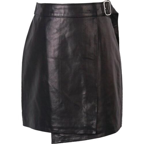 YOLOAgain Women Real Leather Skirt Ladies A-Line Black Mini Skirt With Belt