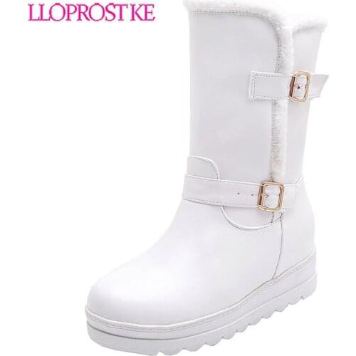 Lloprost ke 2020 Dropship Hot Sale Buckle Decoration Shoes Woman Boots Platform Slip On Add Fur Warm Winter Snow Boots Shoes