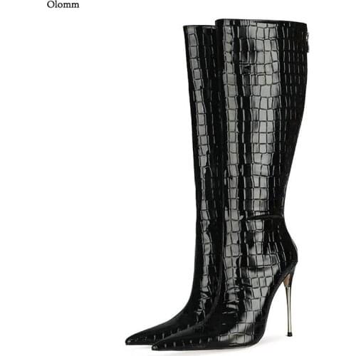 Olomm Women Winter Knee Boots Stone Pattern Stiletto Metal Heel Pointed Toe Black Brown Red Club Wear Shoes Women US Size 5-13