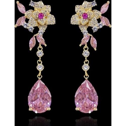 Pink Tassel Rose Flower Earrings Drop High Quality Cubic Trendy For Women Jewelry Wedding Party White Crystal Zircon Fashion