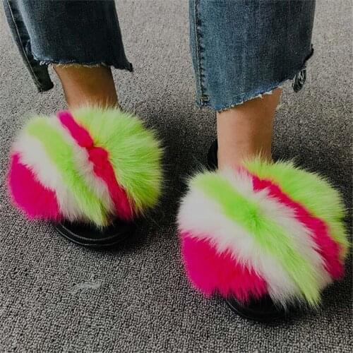 Womens Real Fox Fur Slippers Female Colorful Furry Slides Luxury Sandals Ladies Fluffy Flip Flops Girls Cute Shoes Large Size