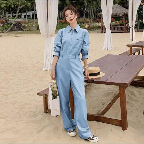 Spring Autumn Women Long Sleeve Lapel Zipper Loose One Piece Jumpsuit Korean Elegant Solid Color Wide Leg Pants Sets Overalls