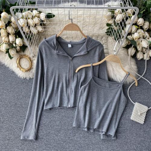 New 2021 Spring Autumn Fashion Women Solid Two Piece Suspender Vest With Bottom Coat And Versatile Long Sleeve Zipper Cardigan