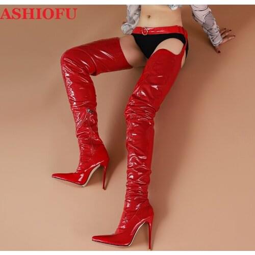 ASHIOFU Real Photos Wholesale Ladies High Heels Waist Boots New Hot Night-club Dance Long Boots Evening Pole Stripper Boot Shoes