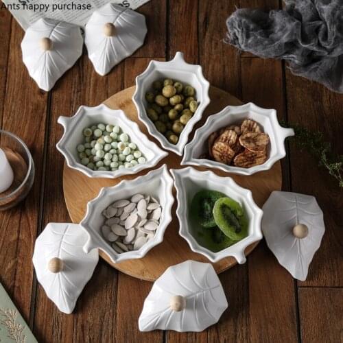 White Ceramics Dried Fruit Plate with Cover Five Grid Snack Platter with Round Wooden Base Tray Leaf Snack Bowl Decorative Plate