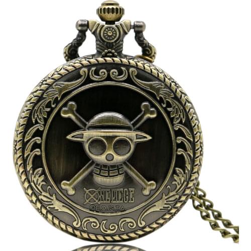 Vintage Bronze Pirate Skull One Piece Anime Quartz Pocket Watch Necklace Chain Best Gift For Mens Children