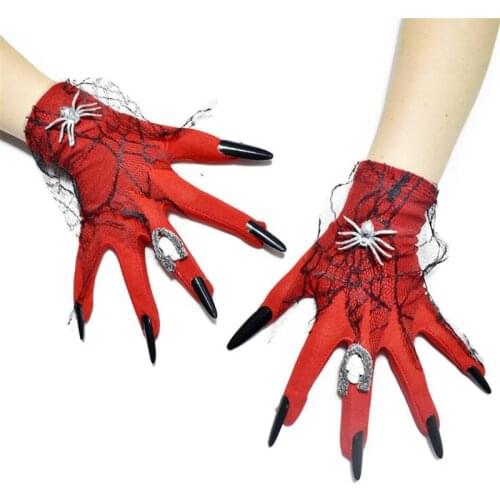 Spider Skull Accessories Gloves Lace Wrist Length horror Hipster Satin Claws Gloves Scare Prop Red Gothic Women Halloween Gloves