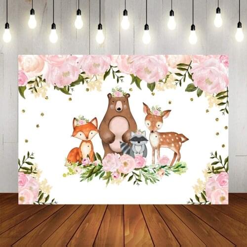 Girl Woodland Animals Baby Newborn Shower Background Pink Watercolor Floral 1st Birthday Party Photography Backdrop Princess