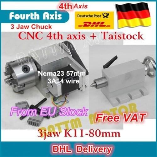 K11-80mm 3 jaw chuck 80mm 4th Axis & Tailstock CNC dividing head/Rotation Axis kit for Mini CNC router/ woodworking engraving
