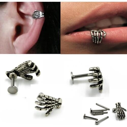 1Pcs 16G Punk Skull Shape Devil Hand Kylie Lip Ring Ear Piercing Stud Ring Jewelry Skeleton Plam Stud