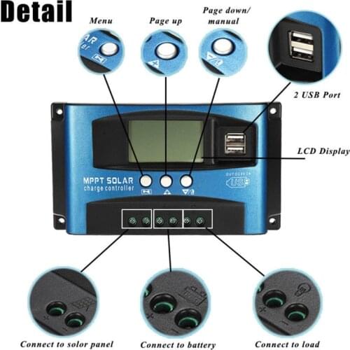 MPPT Solar Charge Controller 30/40/50/60/100A Dual USB LCD Display 12V 24V Auto Solar Cell Panel Charger Regulator with Load