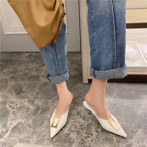 Summer New Style Baotou Metal Square Buckle Slippers Women Fashion Pointed Mid-heel Stiletto Sandals