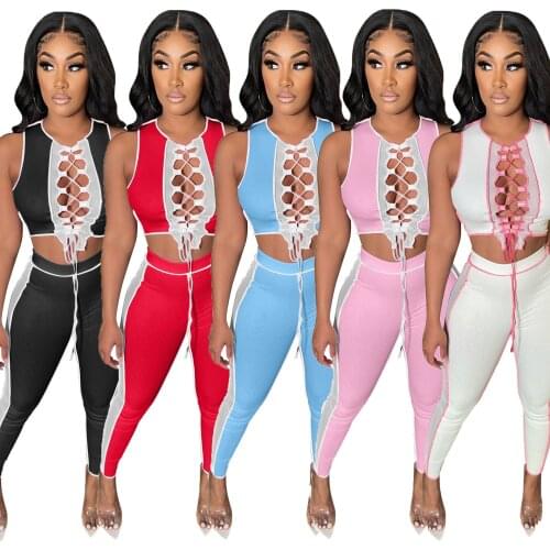 12CM2140 Summer Women Casual Fashion Patchwork Bandage Navel Sports Two Piece Set Top and Pants Tracksuit Sweatsuit Outfits Hot