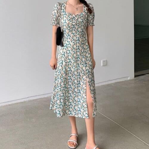 Small Women Floral Dress Summer Waist Slimming French Style Vestidos Cotton 2021 New Square Neck Split Long Dress A-Line Female