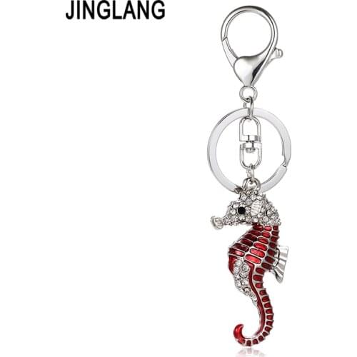 JINGLANG Silver Color Lobster Clasp Metal Keyring Dangle 3D Enamel Seahorse Animal Charms Keychains For Men Pendant Jewelry