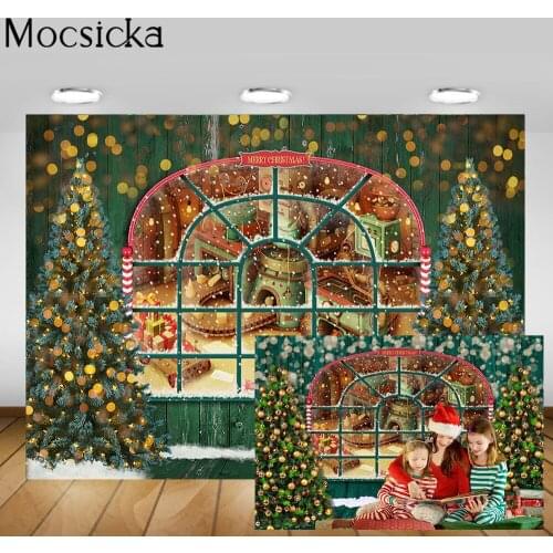Mocsicka Merry Christmas Backdrop Holiday Toy Factory Green Wood Photography Background Christmas Tree Snow Child Photocall Prop