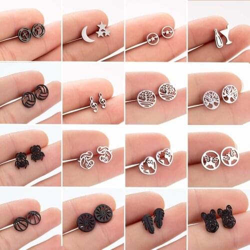 Multi Cute Geometric Earrings for Women Men Punk Black Ball Stainless Steel Plant Stud Earrings Animal Ear Piercing Jewelry
