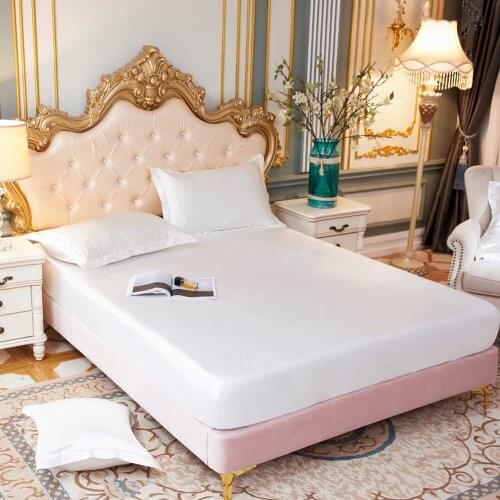 Svetanya Pearl White Solid Bed Mattress Protective Cover Artificial Silk Print Satin Polyester Fitted Sheet Set Pillowcases