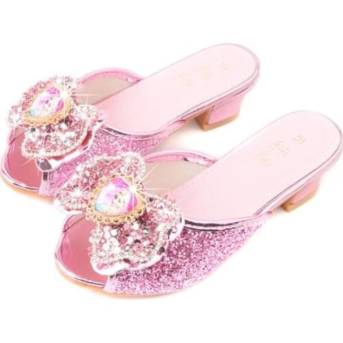 New Disneychildrens high-heeled slippers ice colors glass slipper bowknot girl princess cool slippers sandals lovely fish mouth
