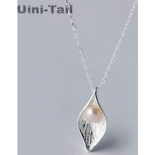 Uini-Tail new 925 sterling silver natural freshwater pearl necklace leaf set chain silver brushed clavicle chain silver jewelry