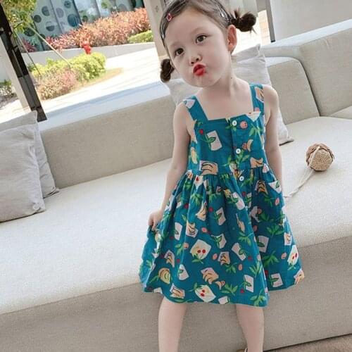 Girls Summer Dress Suspender Square Collar Buttons Dress Korean Style Summer New Cute Baby Kids Clothes ChildrenS Clothing