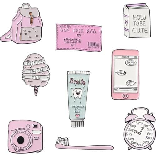Get Up Early To School Alarm Clock Enamel Pins Wholesale Pink Sweety Toothbrush Brooches Badge Cartoon Pins Gifts for Students