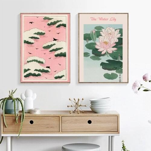 Pink Sky Water Lily Exhibition Canvas Painting Poster Print Retro Japanese Ukiyoe Wall Art Magazine Pictures Oriental Home Decor