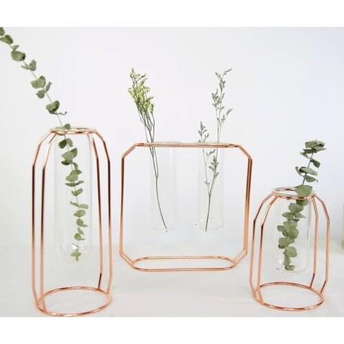 Nordic Style Glass Flower Pot Iron Art Vase Rose Gold Hanging Test Tube Flower Vases Home Office Decoration Desk Flowerpots