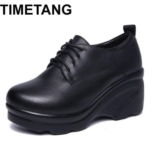 TIMETANGQuality Leather Shoes Women Pumps Black with Winter Fur 2019 Lace up Platform Wedges Wedges Plush Warm Deep Mother Shoe