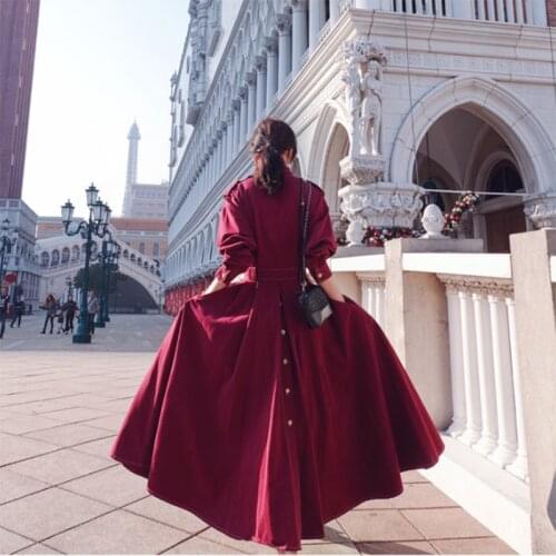 2020 Spring Fashion Trend Womens Solid Color Over The Knee Long Trench Coat Lapel System Belt Plus Size Windbreaker Black Y170